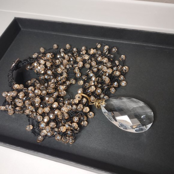 Very Pretty 19 Inch Black Fabric And Orangish Glass Bead Necklace - Picture 10 of 12